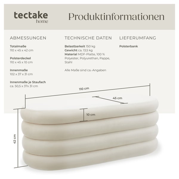 Polsterbank tectake Altu 110 x 45 x 42 cm mit Samt oder Bouclé Samtoptik creme-weiß