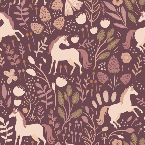 Nahtloses Muster mit Einhörnern, Blumen und Blättern