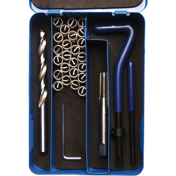 Gewindereparaturset im blauen Koffer mit Bohrer, Gewindeeinsätzen, Sechskantschlüssel und Eindrehwerkzeug