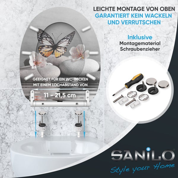 Sanilo Toilettensitz mit Schmetterling, Montage von oben, Lochabstand 11 bis 21,5 Zentimeter, mit Werkzeug und Befestigungsmaterial, Sanilo Logo.