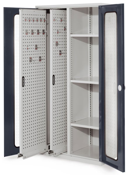 Werkstattschrank mit Lochplatten, Haken und Regalböden für Werkzeug und Material