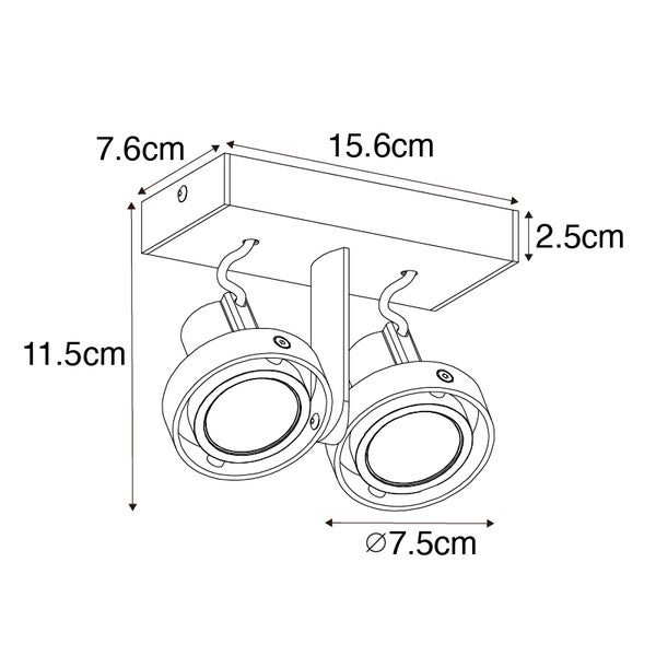 Technische Zeichnung einer Deckenleuchte mit zwei Strahlern und Maßangaben