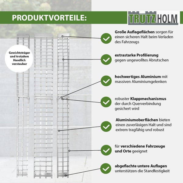 Produktvorteile der TrutzHolm Lastenträger aus Aluminium mit Klappmechanismus.
