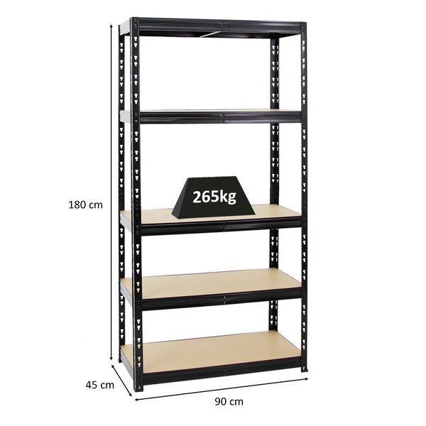 PROREGAL Schwerlastregal Tiger HxBxT 180 x 90 x 45 cm Fachlast 265 kg 5-Ebenen Schwarz