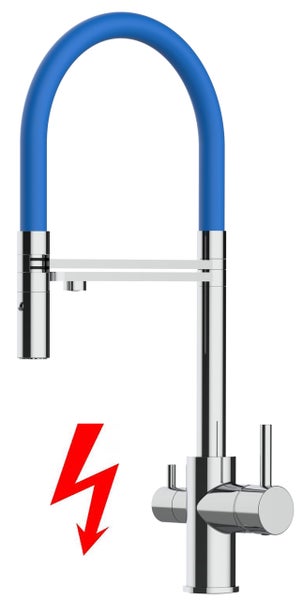 NIEDERDRUCK 3 Wege Wasserhahn Küchenarmatur, FL, mit 360° schwenkbarem Auslauf, abnehmbare 2 strahl Handbrause, Verchromt / Blau