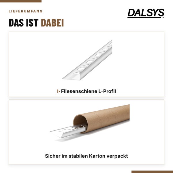Dalsys Logo und Lieferumfang bestehend aus einer Fliesenschiene als L Profil und der sicheren Verpackung in einem stabilen Kartonrohr