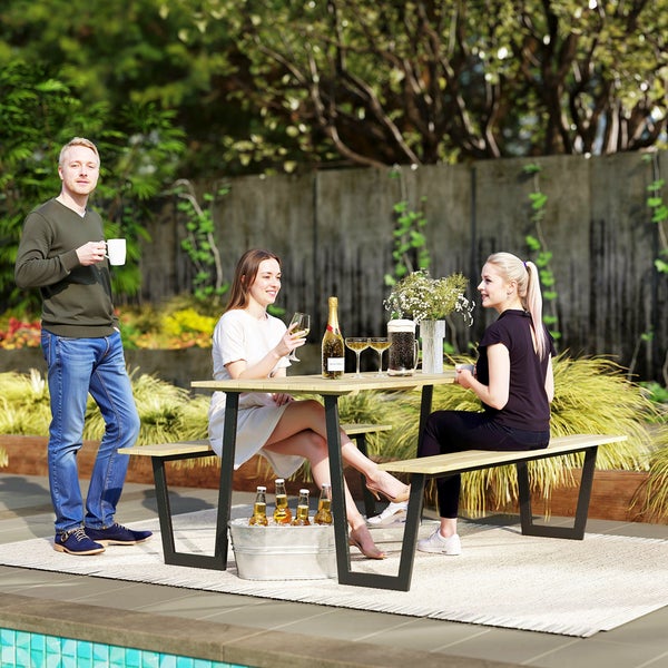 Outsunny Bierzeltgarnitur Holz 3-teilig Festzeltgarnitur mit Schirmloch Biertisch 2 x Bierbank Biertischgarnitur Sitzgarnitur Gartenmöbel Set für Balkon, Camping, Garten 175 x 148 x 78 cm Naturholz