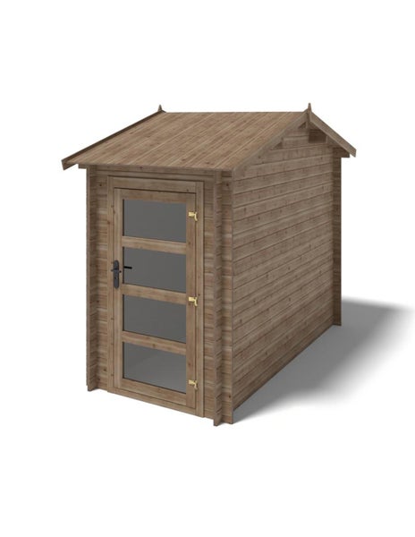 Holzgerätehaus mit Satteldach und Tür mit vier Fensterelementen als Gartenhaus zur Aufbewahrung von Gartengeräten