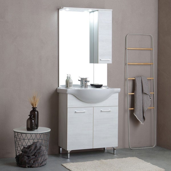 75cm Badschrank mit Türen und Füßen, Waschbecken, Spiegel mit Hängeschrank und LED | Rimini