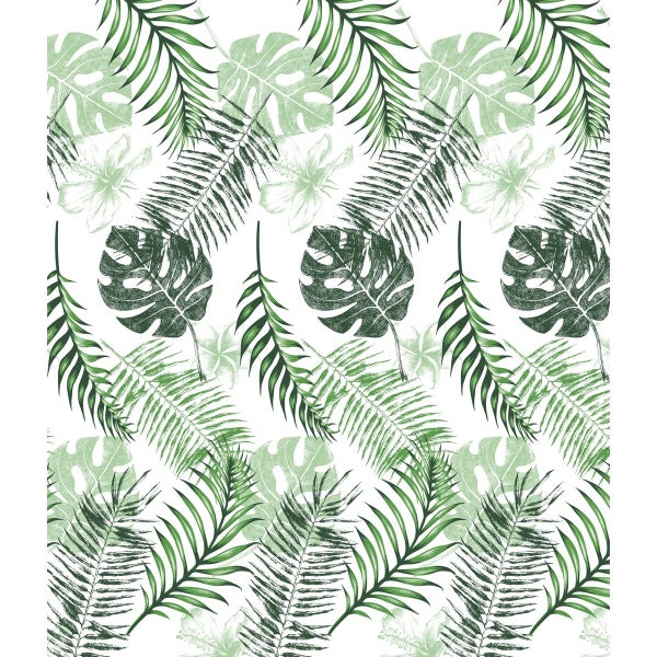 Tapete mit einem Muster aus tropischen Monstera Blättern und Farnwedeln im botanischen Stil für eine natürliche Wandgestaltung.
