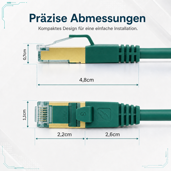 Präzise Abmessungen eines CAT 8 Netzwerksteckers: Gesamtlänge 4,8 Zentimeter, Steckerbreite 1,1 Zentimeter und Höhe 0,7 Zentimeter.