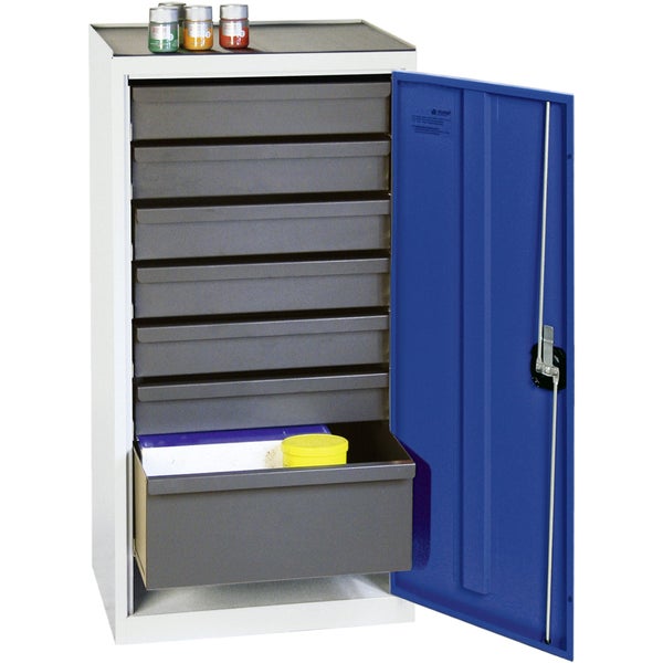 Metall Werkstattschrank mit sieben Schubladen und einer geöffneten Tür.