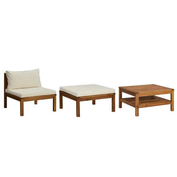 3-tlg. Garten-Lounge-Set mit Cremeweißen Kissen Akazienholz