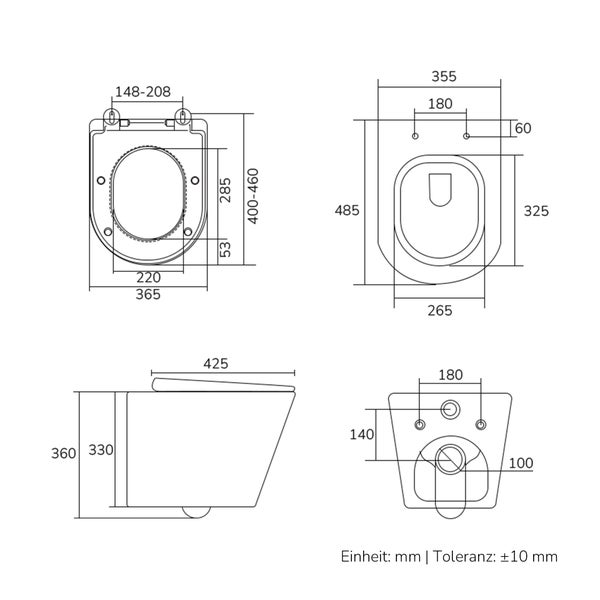 Technische Zeichnung mit Maßangaben für ein Wand-WC mit WC-Sitz in Millimetern.