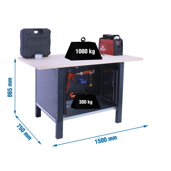 Werkbank BUFFALO WOOD mit Schrank | HxBxT 86,5x150x75cm | Traglast 1000kg | Anthrazit