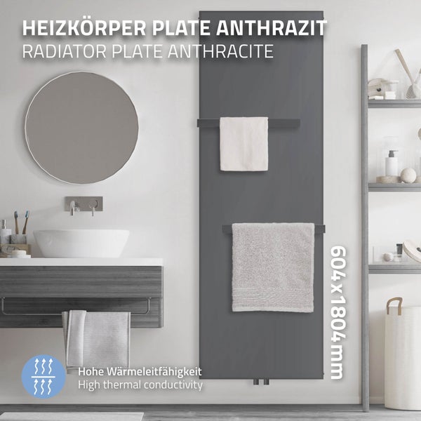 ML-Design Badheizkörper 1800x604 mm Anthrazit + 2x Handtuchhalter, Flach Einlagig Design Heizkörper Mittelanschluss Vertikal Planheizkörper Vertikalheizkörper Paneelheizkörper Flachheizkörper Heizwand