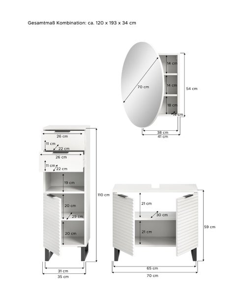 Badezimmermöbel-Set mit Maßen. Besteht aus rundem Spiegel, Regal, Hochschrank und Unterschrank. Gesamtmaß circa 120 mal 193 mal 34 Zentimeter.