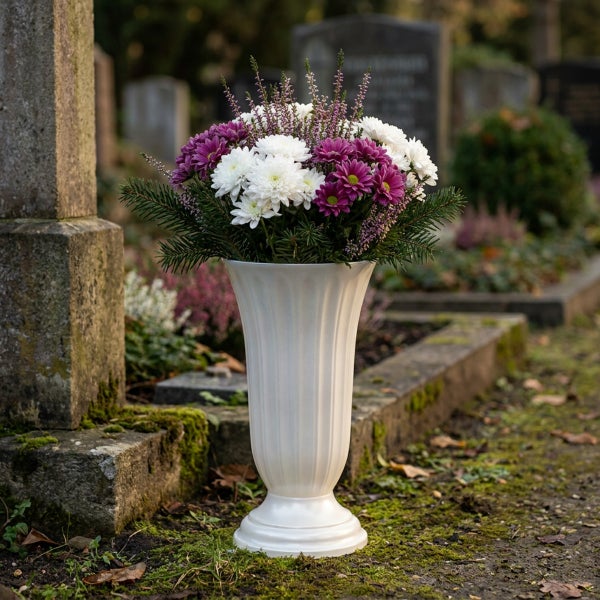 Grabvase aus Kunststoff mit einem Blumenstrauß aus Chrysanthemen und Heidekraut auf einem Friedhof.