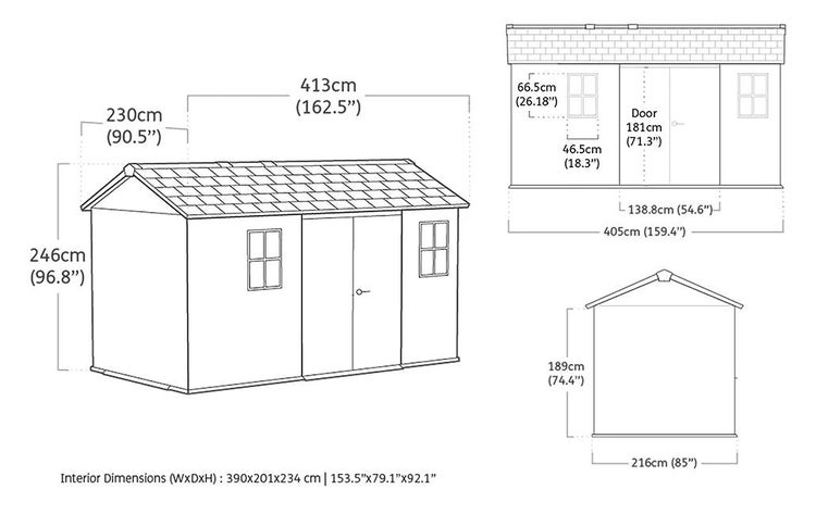 Technische Zeichnung eines Gartenhauses mit Maßen. Breite 413 Zentimeter, Tiefe 230 Zentimeter, Höhe 246 Zentimeter.