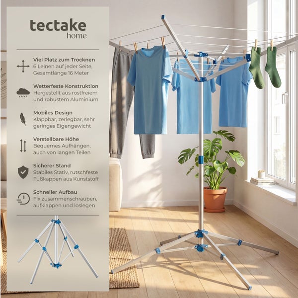 tectake home Logo. Aluminium-Wäschespinne im hellen Wohnraum, höhenverstellbar und klappbar, 16 Meter Trockenlänge, mit Kleidung behängt.