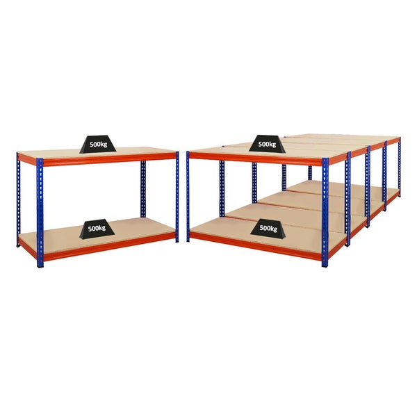PROREGAL Mega Deal 5x Profi Werkbank STRONG BEAST, HxBxT 90x150x60cm mit Fachlast 500kg, 2 Ebenen, Blau-Orange