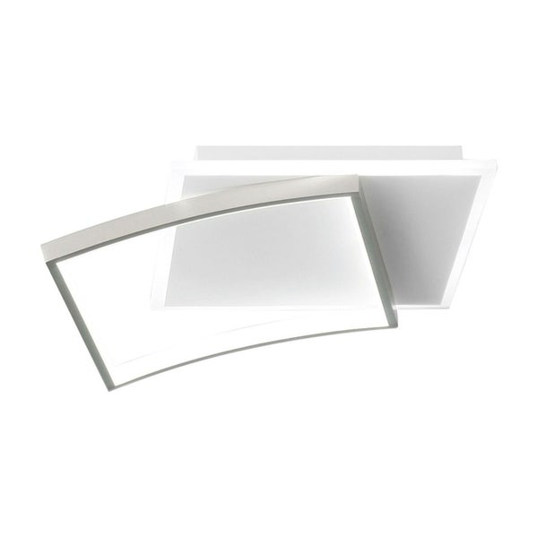 Moderne LED-Deckenleuchte in Silber und Weiß mit zwei überlappenden rechteckigen Rahmen aus Metall und Kunststoff.