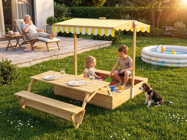 Kinder-Sandkasten aus Holz mit integriertem Picknicktisch und gelb-weiß gestreiftem Sonnendach in einem sonnigen Garten.