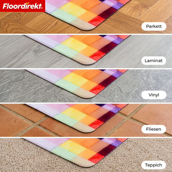 Floordirekt Logo und bunte Bodenschutzmatte auf verschiedenen Bodenbelägen wie Parkett, Laminat, Vinyl, Fliesen und Teppich.