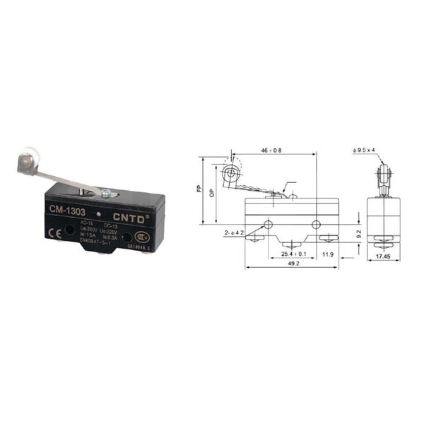 Endschalter CM-1303 mit Rollenhebel und technischer Zeichnung zur Montage