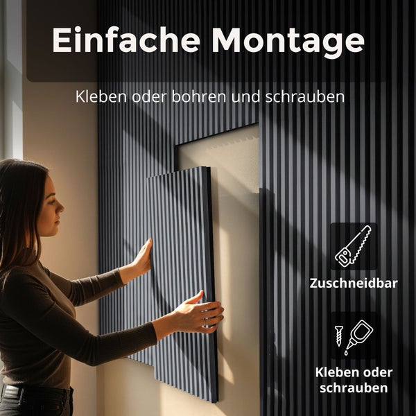 Eine Frau montiert ein geriffeltes Wandpaneel an einer Wand. Die Paneele sind zum Kleben, Schrauben und Zuschneiden geeignet.