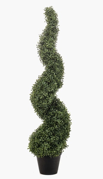 Künstliche Buchsbaumspirale mit dichten, kleinen grünen Blättern aus Kunststoff.