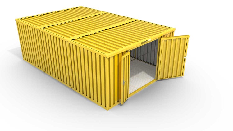 Lagercontainer Gerätehaus L3  – 25 qm, H2150 x B4050 x T6520 mm, Außenwandlackierung RAL 1003 signalgelb, Dach außen verzinkt, mit Holzfußboden, 1830 mm Doppelflügeltür mittig in Stirnseite, montiert