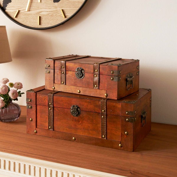 FRANK FLECHTWAREN | Truhe Schatzsuche, 2er Set, HOLZ, 30 x 18 x 11 cm, 40 x 24 x 16 cm