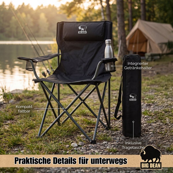 Faltbarer Campingstuhl von Big Dean mit Getränkehalter und Tragetasche in einer Naturumgebung am See mit Zelt im Hintergrund.