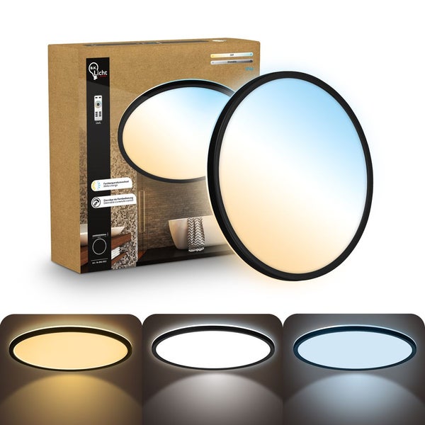 Runde LED Deckenleuchte von B.K. Licht mit schwarzem Rahmen, dimmbar mit Farbtemperatursteuerung, Fernbedienung, Verpackung und B.K. Licht Logo.