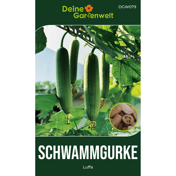 Deine Gartenwelt Logo auf Samentüte für Schwammgurke Luffa mit Abbildung wachsender grüner Früchte und getrockneter Luffaschwämme.