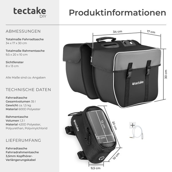 tectake Fahrradtasche und Rahmentasche Set mit Abmessungen und technischen Daten