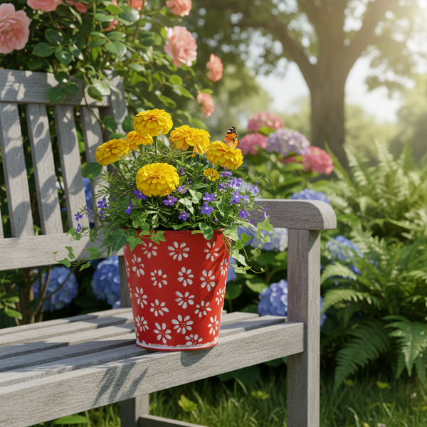Roter Blumentopf mit weißem Blumenmuster, bepflanzt mit gelben Tagetes und lila Blumen, auf einer hölzernen Gartenbank in einem sonnigen Garten.