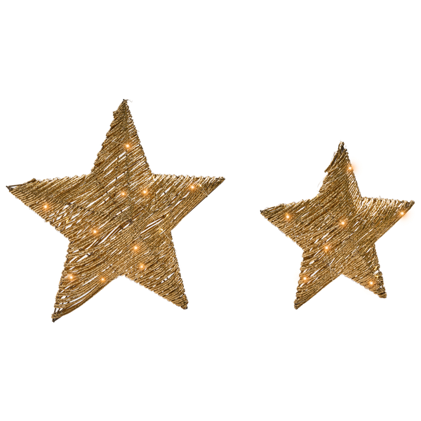 Zwei goldfarbene dekorative Sterne aus geflochtenem Metalldraht in verschiedenen Größen mit integrierter LED-Beleuchtung.