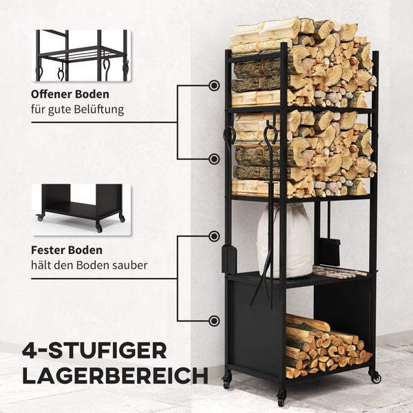 Vierstufiges rollbares Kaminholzregal aus Metall mit Kaminbesteck und Holz