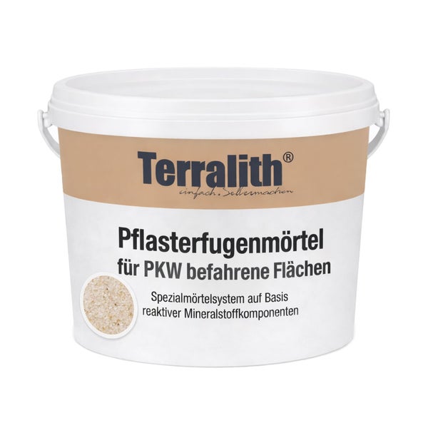Terralith Pflasterfugenmörtel für Personenkraftwagen befahrene Flächen im Eimer. Spezialmörtelsystem auf Basis reaktiver Mineralstoffkomponenten.