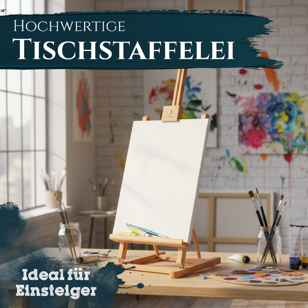 Hochwertige Tischstaffelei aus Holz mit einer leeren Leinwand in einem hellen Atelier, ideal für Einsteiger geeignet.