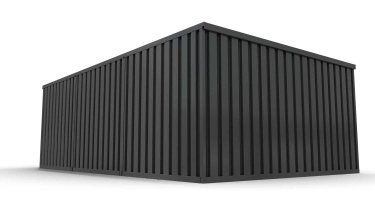 Lagercontainer Gerätehaus M3  – 18 qm, H2150 x B3050 x T6520 mm, Außenwandlackierung anthrazit, Dach außen verzinkt, mit Holzfußboden, 1270 mm Einflügeltür mittig in Breitseite, montiert