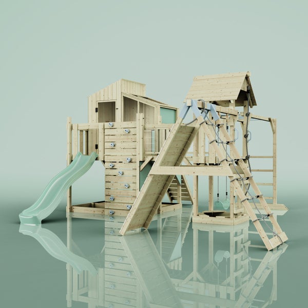 Spielplatz mit Rutsche, Kletterwand, Schaukel und Spielhaus aus Holz