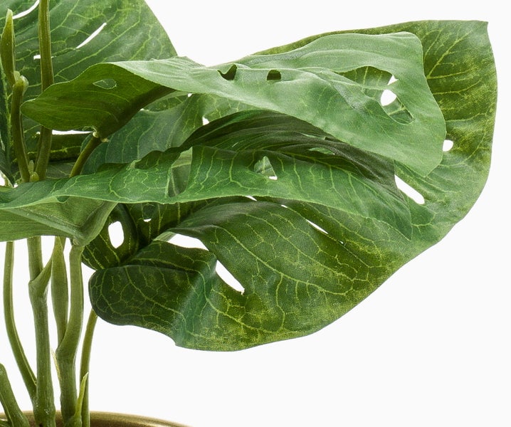 Künstliche Strelitzie in schwarzem Kunststofftopf mit großen grünen Blättern.