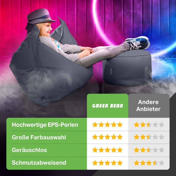 Green Bean Sitzsack-Hocker 45x25cm mit EPS-Perlen Füllung - Fußhocker Fußkissen Sitz-Pouf für Sitzsäcke - Bodenkissen für Kinder und Erwachsene - Fußablage Sitzkissen Sitzhocker Stahlgrau