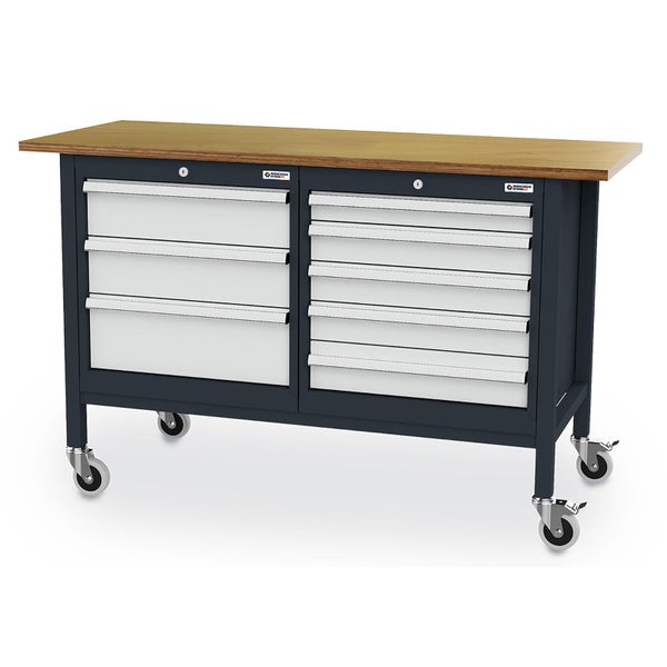 Fahrbare Werkbank in Anthrazit und Hellgrau mit Arbeitsplatte aus Holz, acht Schubladen, vier Lenkrollen und Werkzeug Store 24 Logo.