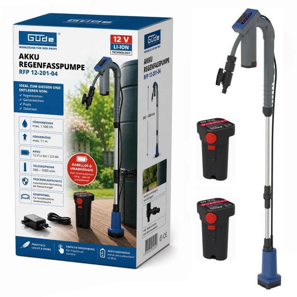 Güde Akku-Regenfasspumpe RFP 12-201-04 Set mit 12 Volt Pumpe, Teleskoprohr, zwei Lithium-Ionen Akkus und Ladegerät.