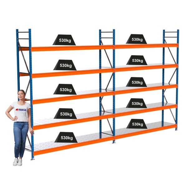 Schwerlastregal mit sieben Ebenen, belastbar mit je 530 kg
