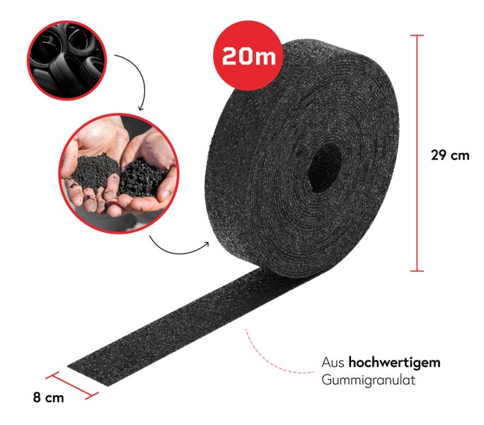 Gummigranulat Rolle zur Schalldämmung, 20 Meter lang, 8 Zentimeter breit und 29 Zentimeter Durchmesser, aus recyceltem Reifengummi hergestellt.